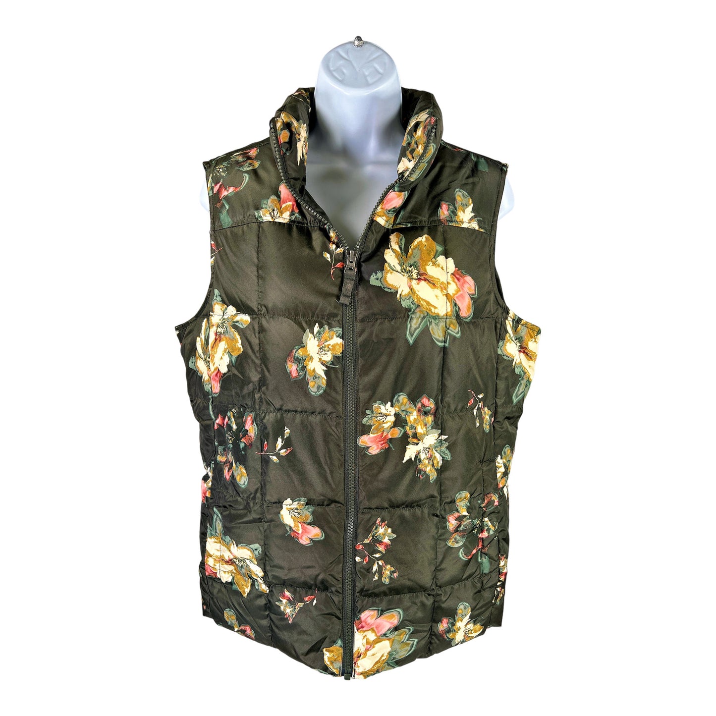 Lands End Women’s Green Floral Sleeveless Puffer Vest - M