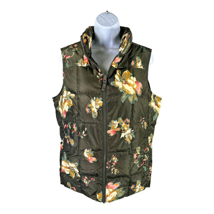 Lands End Women’s Green Floral Sleeveless Puffer Vest - M