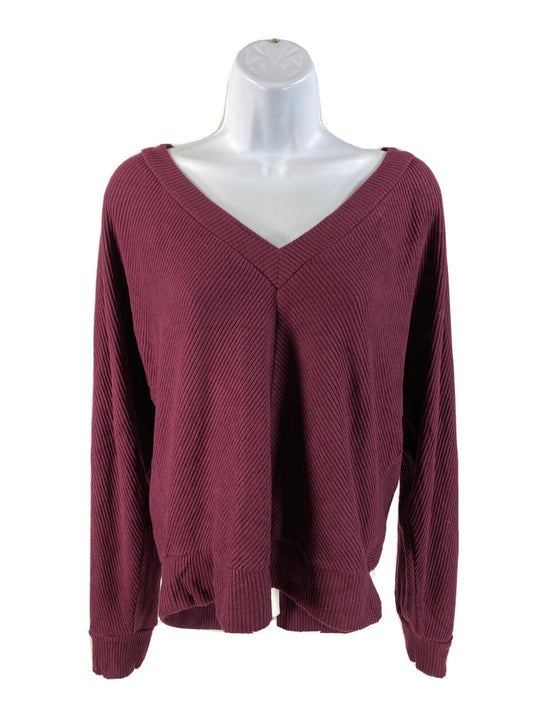 White House Black Market Women's Burgundy V-Neck Cozy Knit Sweater - M