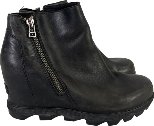 Sorel Women’s Black Leather Joan of Arctic Side Zip Wedge II Booties - 9