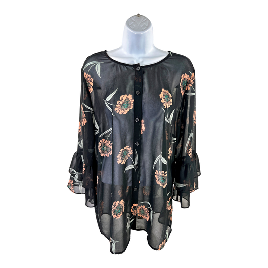 Cabi Women’s Black Floral Semi-Sheer La Di Da Bell Sleeve Button Up Blouse - M