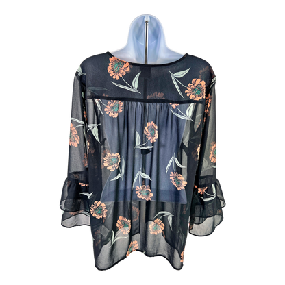 Cabi Women’s Black Floral Semi-Sheer La Di Da Bell Sleeve Button Up Blouse - M